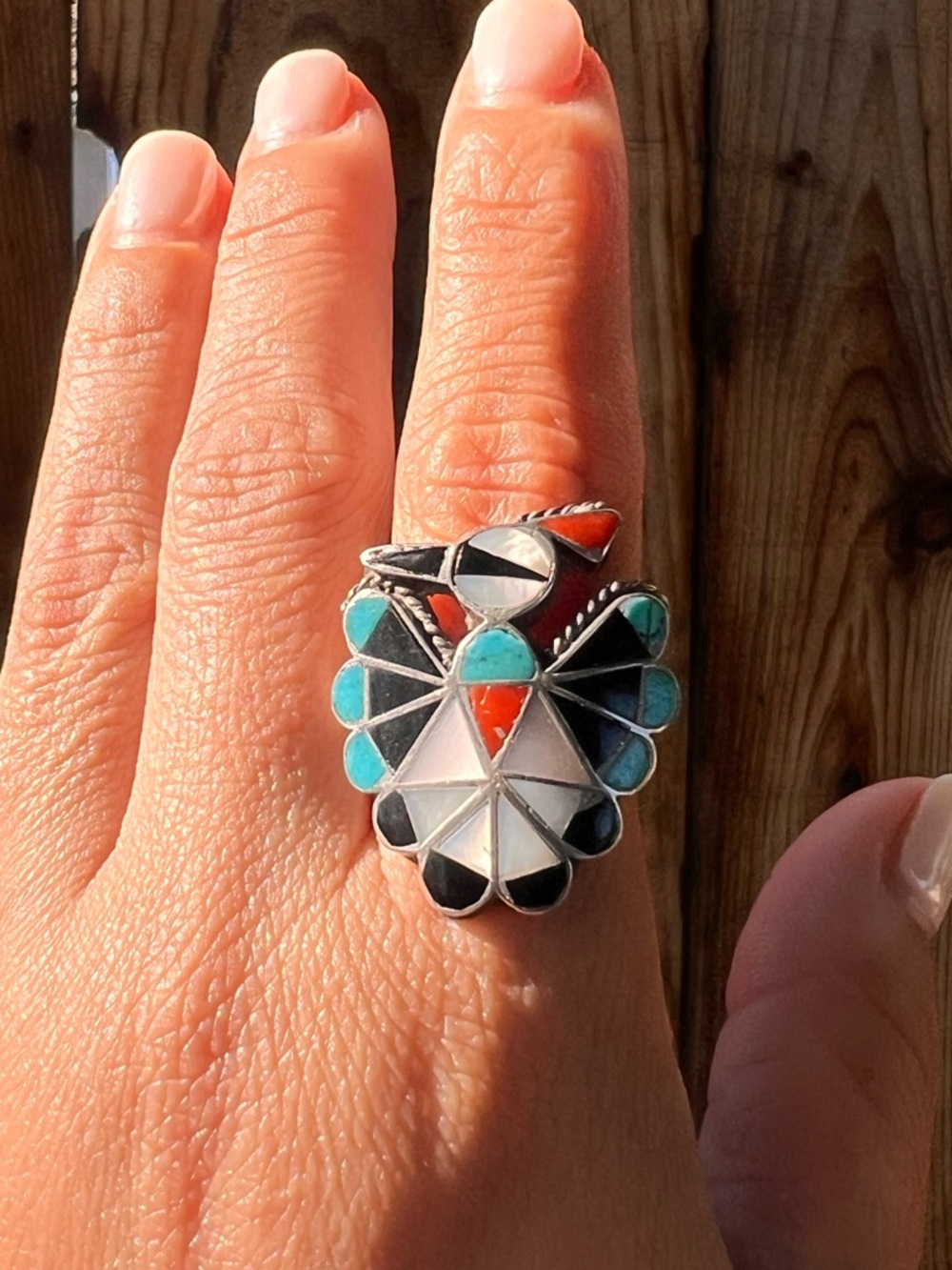 Turquoise, Coral & Mother-of-Pearl Inlay Thunderbird ring